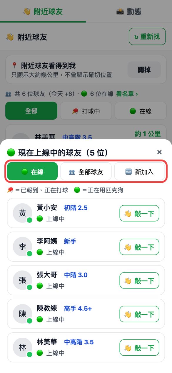 在線、全部、新加入名單